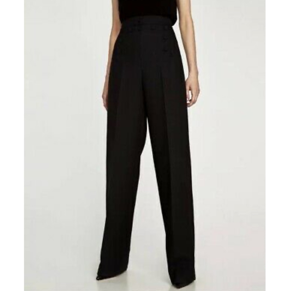 Zara high waisted black Wide leg pants M sailor style buttons 29” W